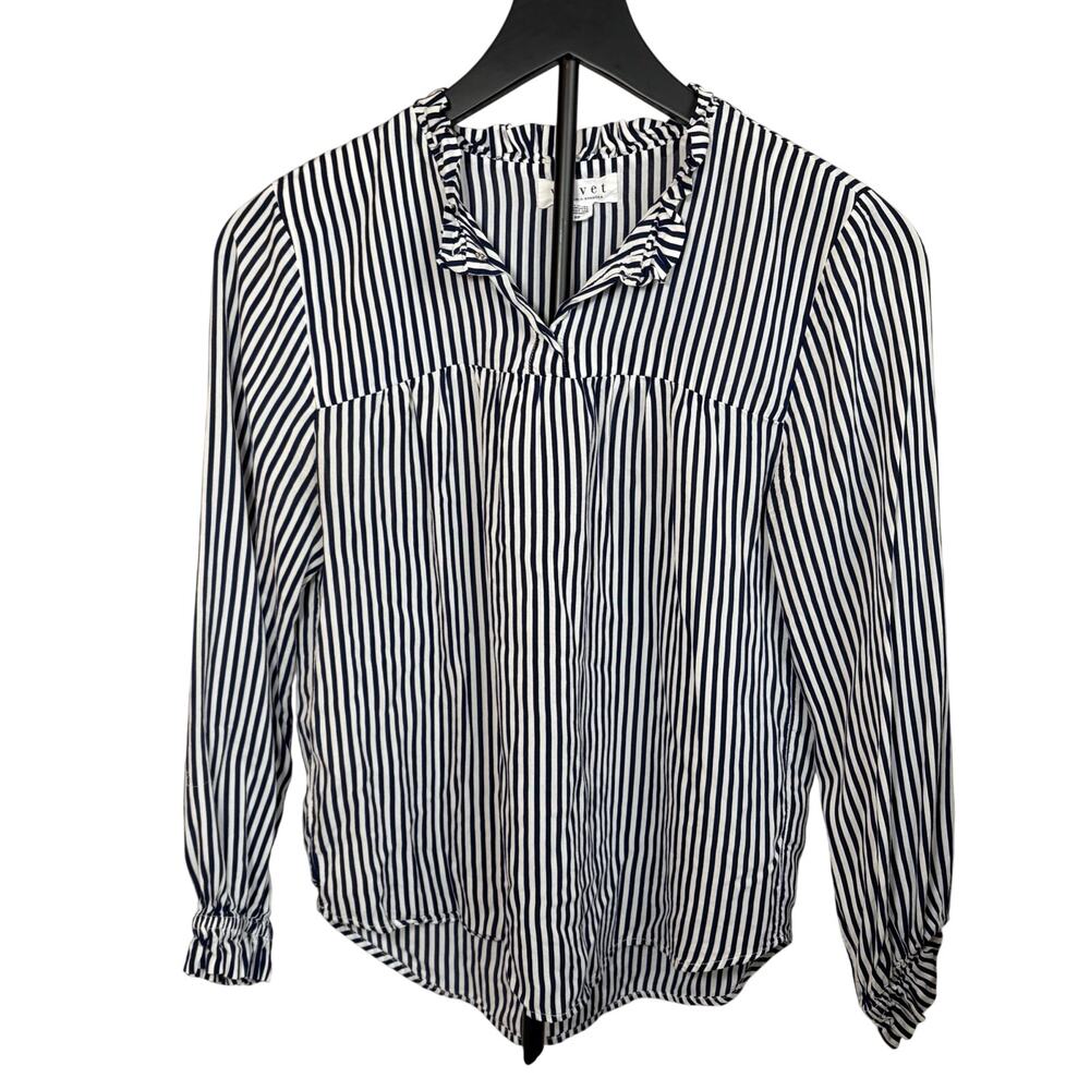 Velvet by Graham & Spencer womens navy white stripe 3/4 sleeve blouse Size XS